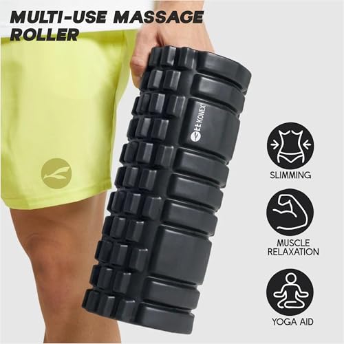Image of Konex Foam Roller for Men & Women | Deep Tissue Massager for Pain Relief & Muscle Recovery | Ideal for Yoga, Gym, Stretching & Full Body Relaxation - 33 cm (Black)