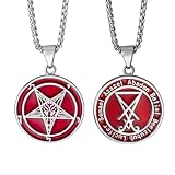 ELFASIO Inverted Pentagram Necklace for Men Women, Baphomet Goat Necklace Red Sigil of Lucifer Satan Demon Devil Symbol Both Sided Satanic Jewelry Stainless Steel Pendant Chain