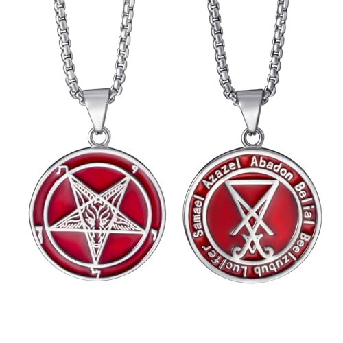 ELFASIO Inverted Pentagram Necklace for Men Women Baphomet Goat Necklace Red Sigil of Lucifer Satan Demon Devil Symbol Both Sided Satanic Jewelry Stainless Steel Pendant Chain