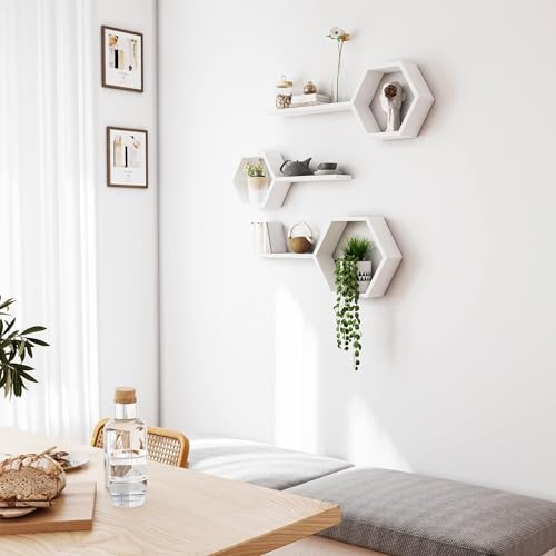Image of Wooden Floating Wall Shelves Wall Mounted - Set of 6 Hexagon Shelves Display for Photos, Plants, Honeycomb Shelves for Living Room, Bedroom, Bathroom, Kitchen, Office (White)
