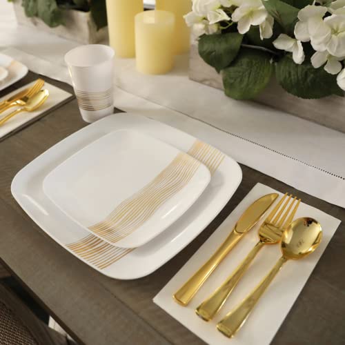 R-kay Gold Plastic Plates - 40 Pack - 20 Square 10.25\'\' & 20 Round 7.5\'\' Disposable Plates - Heavy Duty Plastic Plates for Party & Wedding