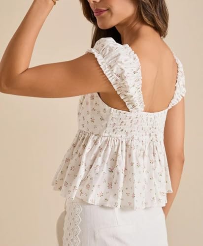 Womens Floral Babydoll Top Ribbon Front Smocked Back Cap Sleeves Tank Tops Cute Summer Going Out Tops for Teens4