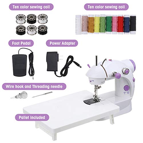 CHARMINER Mini Sewing Machine with Extension Table, Portable Adjustable 2-Speed 2-Thread Sewing Machine with Lights, Household Electric Sewing Machine with Foot Pedal Great for Beginner (White)