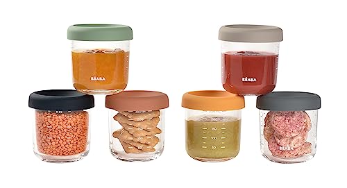 Béaba, Caja de 6 porciones de cristal para Bebé, Tupper en Cristal, Resistente al calor, Recipientes para guardar la comida de Bebé, Con indicador de cantidad, 250 ml, Sunrise