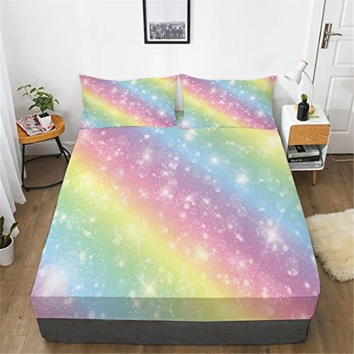 URLINENS Rainbow Fitted Sheet and Pillowcase Set Tie Dye Pastel Glitter Bed Sheet for Kids Girls Teens, Soft Microfiber Fun Girly Rainbow Bedding Decor 3 Piece Queen Rainbow Sheet Set