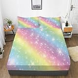 URLINENS Rainbow Fitted Sheet and Pillowcase Set Tie Dye Pastel Glitter Bed Sheet for Kids Girls Tee