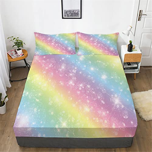 Urlinens Rainbow Fitted Sheet And Pillowcase Full Size, Tie Dye Pastel Glitter Rainbow Bed Sheet For Kids Girls Teens, Soft Microfiber Fun Girly Colorful Bedding 3 Piece Rainbow Girls Fitted Sheet #TOP1
