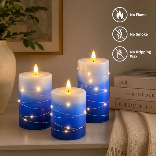 Image of Flameless LED Candles with Fairy Lights, Remote Timer, Blue Wax, 3-Pack | Layered Glow for Cozy, Worry-Free Ambiance