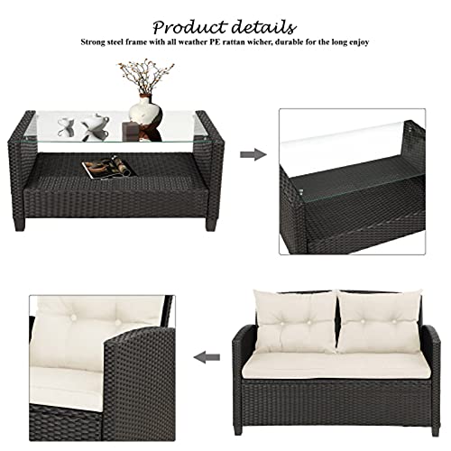 Moolo 4 Pieces Patio Furniture Rattan Patio Conversation Set For Patio Lawn Garden Outdoor Chair Sofa Cushions And Storage Glass Table Beige #TOP5