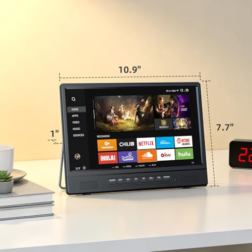 DESOBRY 12 Zoll Tragbarer Smart TV mit Android, Mini Fernseher für Küche, Caravan, Camping, HDMI USB AV Kopfhörer, DVB-T2 Freeview, 180° Verstellbarer Stand – Bild 3