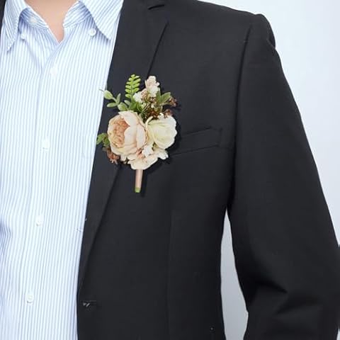 Fiwisora Men’s Wedding Boutonniere Set of 2 Champagne Pink Peony Groom Bestman Artificial Groomsman Parent Boutonniere Lapel Flower for Indoor Outdoor Wedding Prom Father Daughter Dance Homecoming Cover