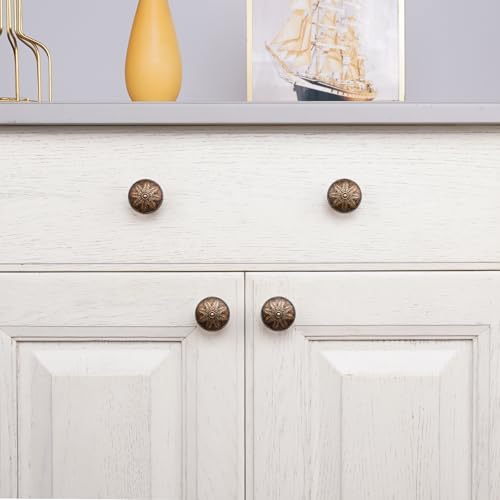 Image of 4 Pack Antique Brass Cabinet Knobs Vintage Dresser Knobs Drawer Knobs,1.4 inch Round Vintage Kitchen Cabinet Knobs Handles for Cabinets and Dresser Drawers Rustic