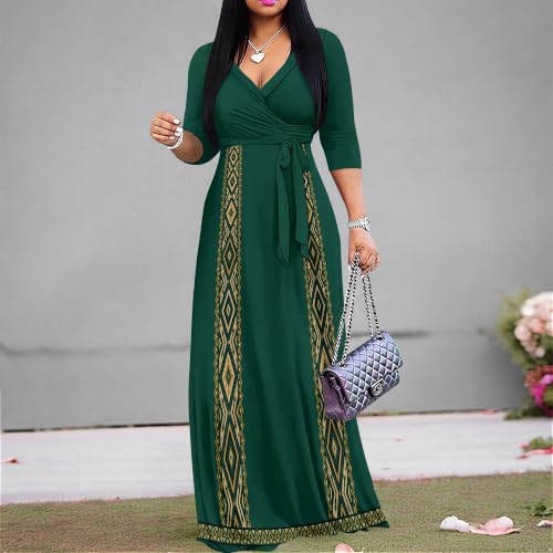 Image of Plus Size Maxi Dress for Women V Neck 3 /4 Sleeve Wrap Dress Green M | Green Floral Women's Maxi Dress for Wedding