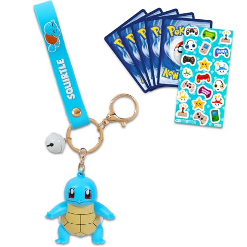 Image of Nintendo Squirtle Keychain Bundle ~ Deluxe Silicone 3D Character Figure Keyring with Strap, Charm, and Bell Plus Pokemon Cards, More | Pokemon Squirtle Key Ring for Backpack