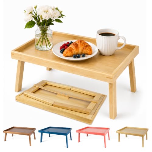Image of Bamboo Bed Table Tray with Support Bar and Foldable Legs, Breakfast Food Trays Table for Bed Sofa Eating and Laptops, TV Lap Tray Table on Couch (Applied for Invention Patent)