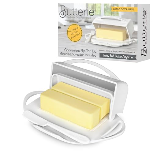 Butterie Flip Top Butter Dish with Attached Lid & Matching Knife – Holds 2 Sticks, Fits Kerrygold/European Butter – BPA Free & Dishwasher Safe – White