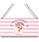 DSHFG Christmas Signs, Coquette Pink Bow Santa Christmas Striped Wooden Signs Plaque Wall Hanging...