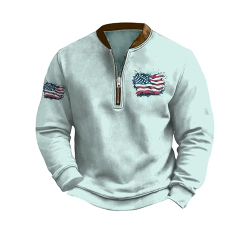Oversized Sweatshirts for Men Trendy American Flag Print 1/4 Zip Shirts Long Sleeve Mock Neck Henley Shirts