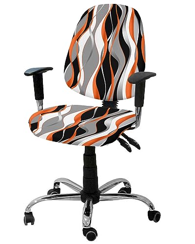 Jolunifun Abstract Orange Office Chair Covers Stretchable 2 Piece, Soft Decorative Computer Desk Chair Cover Protector Universal Rotating Chair Slipcover Gradient Grey Geometric Black Stripes