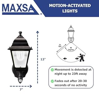 Maxsa 44219 Premium Wireless Battery-Powered Motion-Activated Decorative Outdoor Wall Sconce Lighting Fixture, Cool White LED, Metal Housing, Black