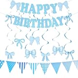 Sucodver 誕生日 飾り付け リボン 男の子 バースデー 飾り 水色 蝶結び happy birthday ガーランド 三角フラッグ スワール おしゃれ 簡単 紙 キラキラ 誕生日祝い 装飾 壁掛け 吊り下げ パーティー (ブルー)