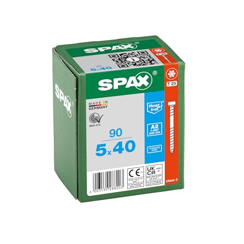 SPAX Terrassenschraube, 5 x 40 mm, 90 Stück, Fixiergewinde, Zylinderkopf, T-STAR plus T25, CUT-Spitze, Edelstahl rostfrei A2-8000000288203