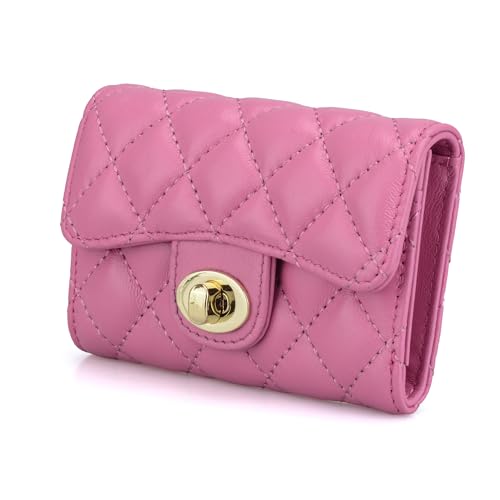 Luxury Quilted Leather Card Holder Wallet Credit Card Holder Wallet Small Wallet Compact Wallet Coin Purse Business Card Holder Gift for Women Gift for Girl (Pink)