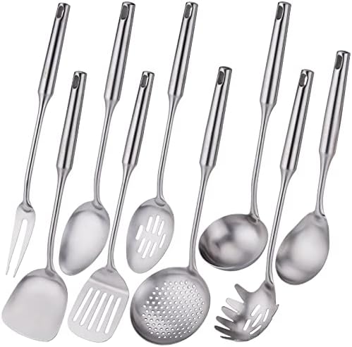304 Stainless Steel Kitchen Utensils Set, Standcn 9 PCS Metal Cooking Tools Set with Meat Fork, Solid Spoon, Slotted Spoon, Spatula, Ladle, Skimmer, Slotted Spatula, Spaghetti Server, Large Spoon