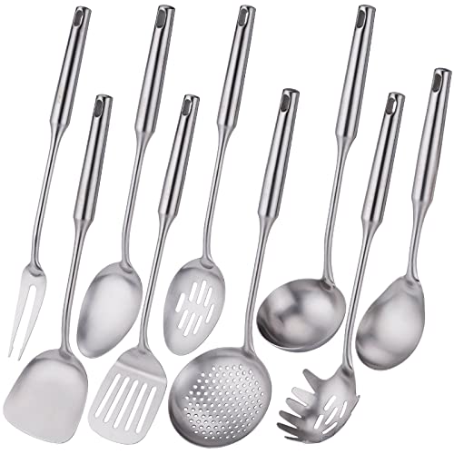 304 Stainless Steel Kitchen Utensils Set, Standcn 9 Pcs Metal Cooking Tools Set With Meat Fork, Solid Spoon, Slotted Spoon, Spatula, Ladle, Skimmer, Slotted Spatula, Spaghetti Server, Large Spoon #TOP1