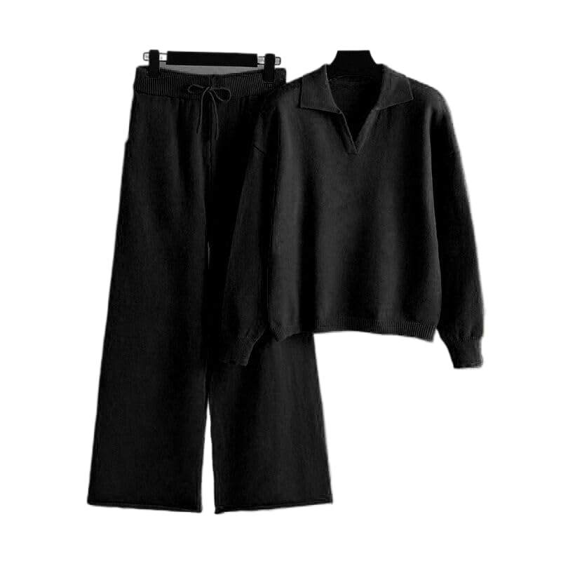 Completi da Donna 2 Pezzi Tuta - Set da 2 Pezzi in Maglia Spessa Invernale con Collo Alto Maglione Top Pantaloni Larghi A Vita Alta E Casual. Abbigliamento da Casa