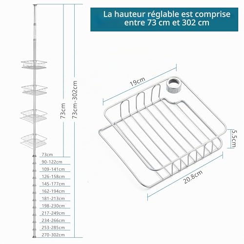 Étagère douche d'angle en métal argenté avec paniers télescopiques - 5