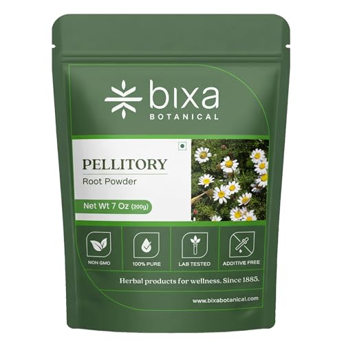 Image of bixa BOTANICAL Pellitory Root Powder, Anacyclus Pyrethrum, 200 GMS, 7 Oz | Ayurvedic Herbal Supplement, Akarkara Powder, Gluten Free, Non GMO, Steam Treated, Vegan, Natural Root Powder, Pack of 1