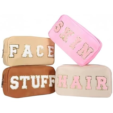 cutepul 4 Pcs Nylon Cosmetic Bags Travel Organizer Chenille Letter Makeup Pouch Zipper Preppy Waterproof Hair Bag Toiletry Pouch for Women Girls Coffees Cover