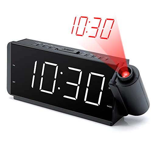DreamSky Projection Alarm Clock Radio with USB Charging Port and FM Radio, 2 Inches Large Led Number Display with Dimmer, Snooze, Sleep Timer,12 Hr Display, Plug in Clock.