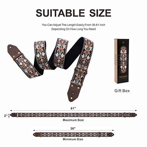 Image of Nefelibata Guitar Strap,Jacquard Embroidery Cotton Guitar Straps with Crazy Horse Leather Ends for Bass, Electric & Acoustic, Best Gifts for Kids, Guitarists(Retro Brown Flower)