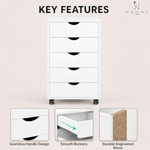 Image of Naomi Home 5 Drawer Storage Cabinet with Wheels White Wooden File Chest | Mobile drawer organizer with spacious storage, smooth-gliding drawers, and locking casters for home or office use.