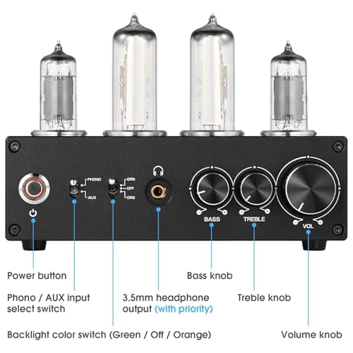 Phono Preamplificador de tubo de vacío con control de ganancia y perilla de volumen, compatible con reproductor de discos MM, RCA estéreo/3,5 mm para sistema de audio doméstico