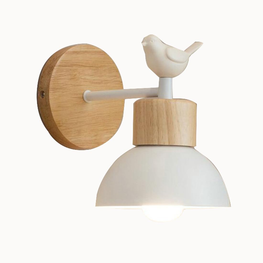 XHJL Nordic Wall Lights with Bird Decoration Wood Base and Iron Metal Dome Shade Modern Wall Lamp for Bedroom Study Hallway Living Room Restaurants (White)