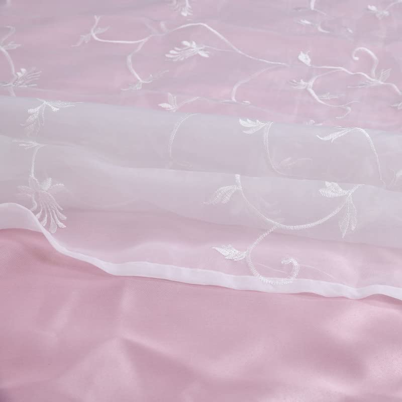 Image of 2 in 1 Embroidery Transparent Polyester Door Curtain with 80% Blackout Set of 2 Pieces(6 Feet, White Embroidery+Pink Blackout)