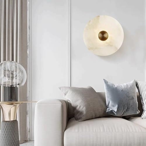 Natural Marble Wall Sconce Alabaster Round Vanity Wall Light Fixture,Hardwired Stone Wall Lamp for Bathroom Bedroom Living Room Stairs Hallway(35CM)