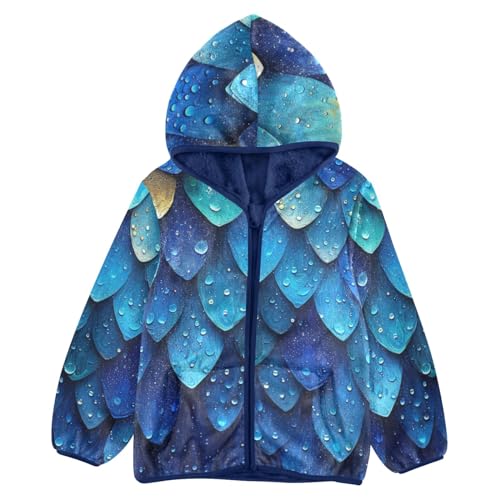 Boys Girls Fleece Jacket Cartoon Blue Fish Scales Print Kids Warm Hooded Outwear Coat