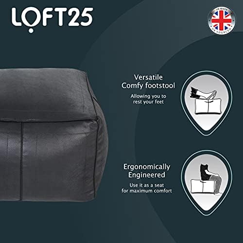 Loft 25 Bean Bag Chair Seat | Indoor Living Room BeanBag Footstool | Pouffe Faux Leather Footrest | Water Resistant | Durable and Comfortable (Black)