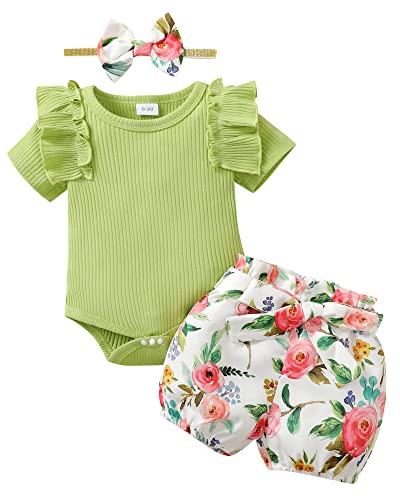 Image of veikimous 3-6 Month Girl Clothes Baby Girl Stuff Cute Infant Girls Clothing Ruffle Romper Floral Shorts Pants Sets 3 Month Baby Girl Clothes Outfits