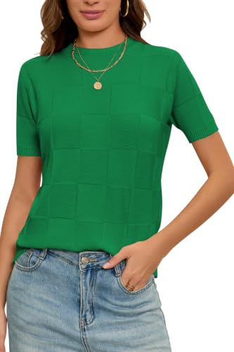 Image of Cakulo Women's Short Sleeve Summer Sweater Knit Tops | Checkered Pattern, Crew Neck, Lightweight Knit, Pullover Sweaters, Business Casual Work Tops Basic Clothes