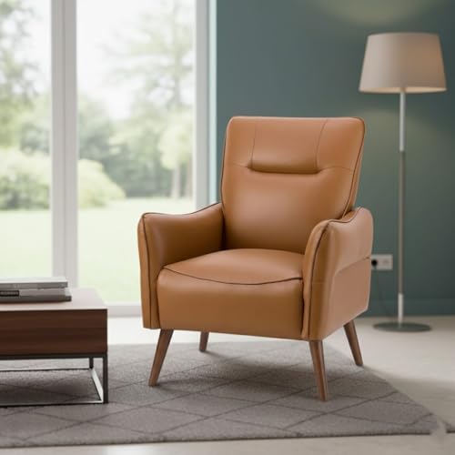 Image of Lakdi The Furniture Mid-Century Modern Faux Leather Accent Chair with Solid Wood Legs, Comfortable Upholstered Lounge Chair for Living Room | 5 Years Warranty | Free Assembly - 15185259