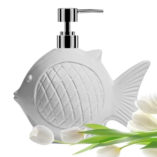 Amaauto White Soap Dispenser Bathroom, Ceramic Fish Shaped Lotion Hand Soap Dispenser With Easy-To-Press Stainless Pump cover