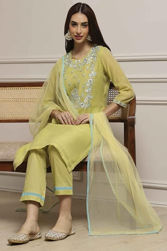Image of BIBA Women Art Silk A-Line Kurta Regular Pant Suit Set