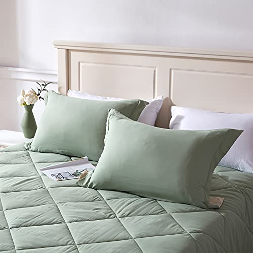 Nexhome Down Alternative Solid Comforter Set Queen Size, Lightweight Comforter Set Thin Microfiber Reversible Autumn Spring Winter Bedding Comforter (Queen, Sage Green/Beige) #TOP5