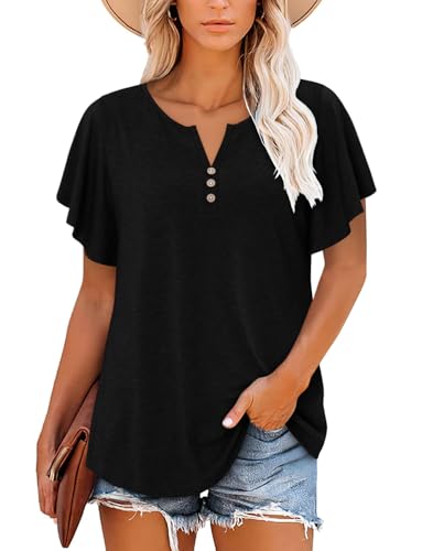 ONLYSHE Womens Summer Tunic Tops Ruffle Sleeve Pullf Short Sleeve Shirts