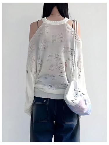 SweatyRocks Women's Hollow Out Sheer Knit Sweater Cold Shoulder Long Sleeve Y2K Pullover Tops2